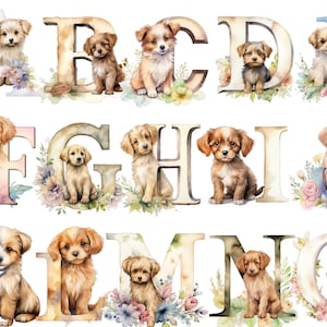 Aquarell Welpen Alphabet Clipart, transparenter Hintergrund, hohe Qualität, Clipart, 12x12, kommerzielle Nutzung