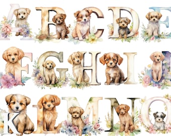 Watercolor Puppy alphabet clipart,  transparent background, high quality, clipart, 12x12, commercial use