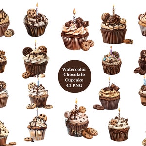 Aquarell 41 Schokoladen-Cupcake-Clipart, Schokoladen-Cupcake, Geburtstag, PNG-Einzelbilder auf transparentem Hintergrund, Sublimation