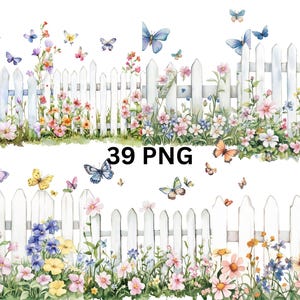 Może przedstawiać: Białe drewniane ogrodzenie z rzędem kolorowych kwiatów i motyli przed nim. Ogrodzenie jest wykonane z drewnianych listew i ma biały szczyt. Kwiaty kwitną i są w różnych kolorach, w tym różowym, fioletowym, żółtym i niebieskim. Motyle latają wokół kwiatów i są w różnych kolorach, w tym niebieskim, żółtym i pomarańczowym.