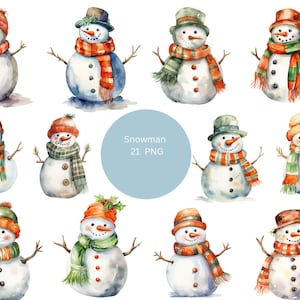 21 Snowmen Watercolor Clipart, Christmas Clipart, PNG individual images on transparent background, sublimation
