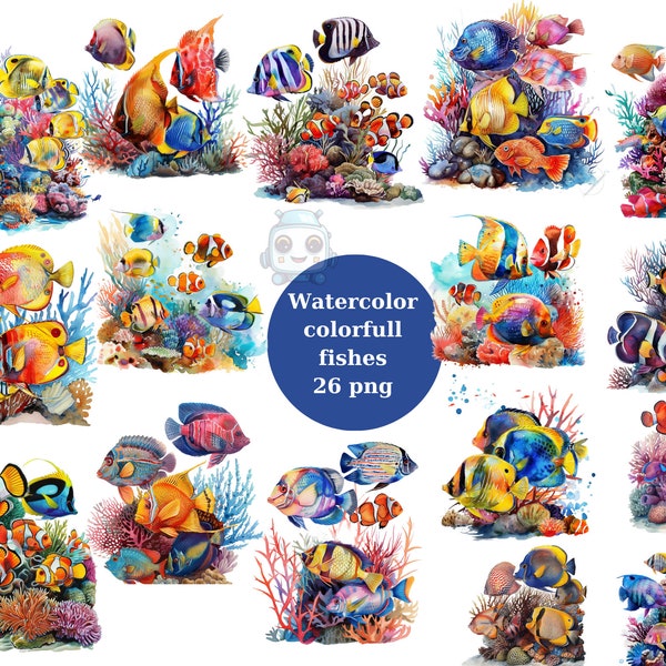 Watercolor colorful fishes Clipart, PNG digital files on transparent background, sublimation, commercial use