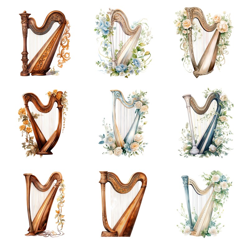 Harp Color Watercolor Harps Clipart, PNG Digital Files on Transparent Background ...