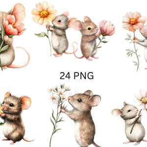 Mouse and Flower Clipart Set - 24 Watercolor Whimsical Illustrations - Cute Woodland Animal, PNG individual images on transparent background