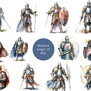 27 middeleeuwse ridders aquarel clipart, middeleeuwse clipart, individuele png-afbeeldingen op transparante achtergrond, sublimatie, commercieel gebruik