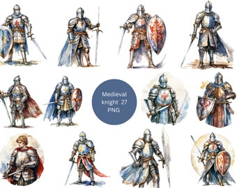 May include: A digital illustration of ten medieval knights in full armor, holding swords and shields. The knights are depicted in various poses, some standing, some kneeling, and some holding their weapons in a defensive stance. The illustration is done in a watercolor style, with a soft, muted color palette.