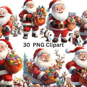 30 images individuelles du Père Noël avec des cadeaux, des cliparts de Noël, PNG sur fond transparent, sublimation