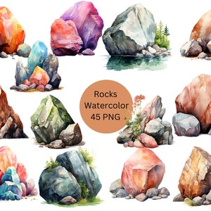 Aquarelle Rocks Clipart, fichiers numériques PNG sur fond transparent, sublimation, utilisation commerciale