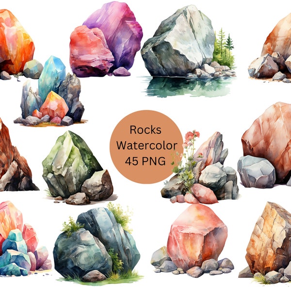 Watercolor Rocks Clipart, PNG digital files on transparent background, sublimation, commercial use