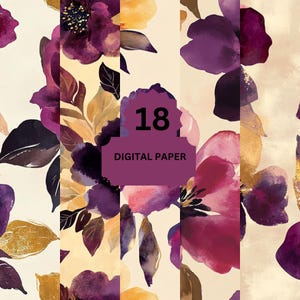 Carta digitale floreale viola – 18 sfondi floreali bordeaux e oro per biglietti, scrapbooking e inviti