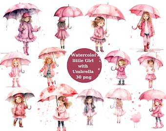 Little Girl with Umbrella Watercolor Clipart, transparent background, high quality, clipart, 12x12, commercial use