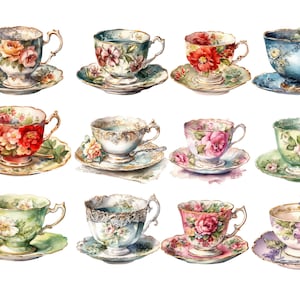 Aquarell Vintage Teetassen Clipart, PNG digitale Bilder, transparenter Hintergrund, kommerzielle Nutzung, sofortiger Download