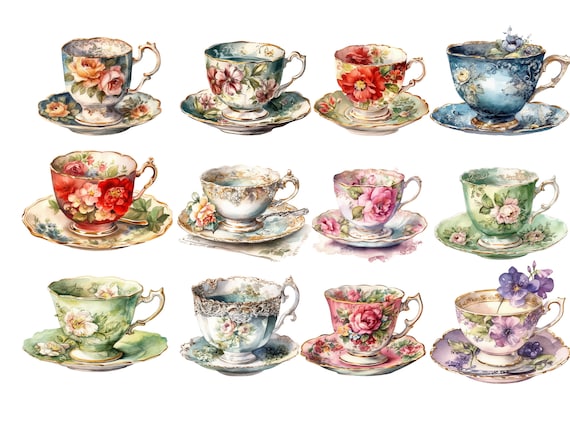 Watercolor Vintage Tea Cups Clipart, PNG digital images, transparent background, commercial use, instant download