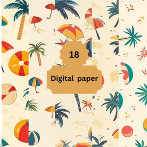 Retro Beach Umbrella Digital Paper, Vintage Summer Vacation Backgrounds for Scrapbooking And Invitations