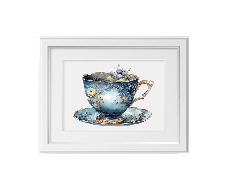 Watercolor Vintage Tea Cups Clipart, PNG digital images, transparent background, commercial use, instant download image 2