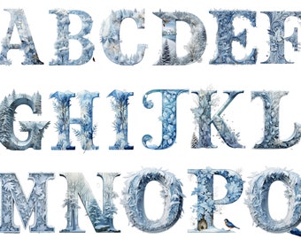 Pode incluir: Alfabeto em aquarela de A a Q, decorado com tema de inverno. Cada letra apresenta paisagens nevadas, árvores e elementos florais em tons de azul e branco. Ideal para artesanato e designs com tema de inverno.