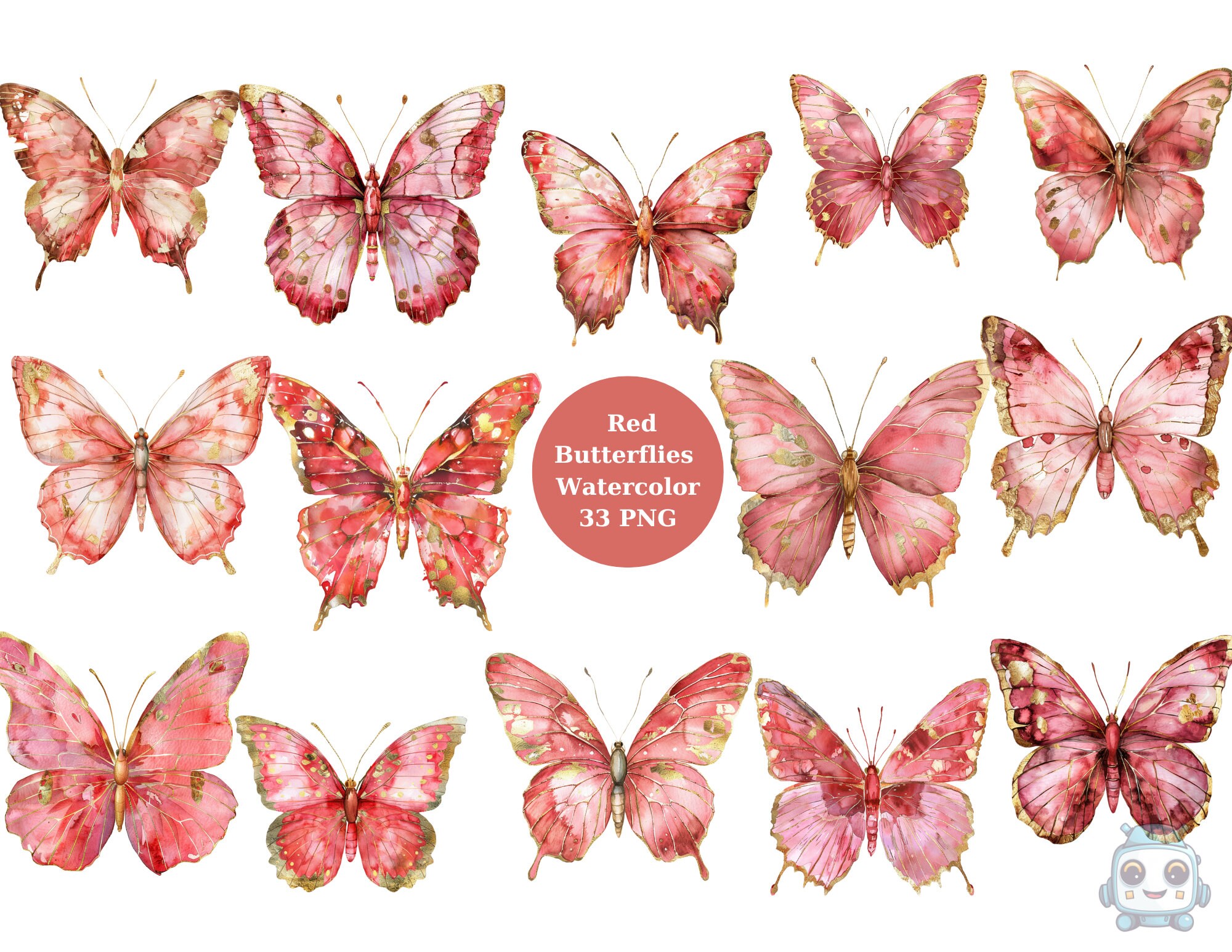 Watercolor Red Butterflies Clipart, PNG digital files on transparent background, sublimation, commercial use