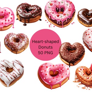 Clipart de donuts em forma de coração, PNG de sobremesa, arquivos digitais em fundo transparente, uso comercial