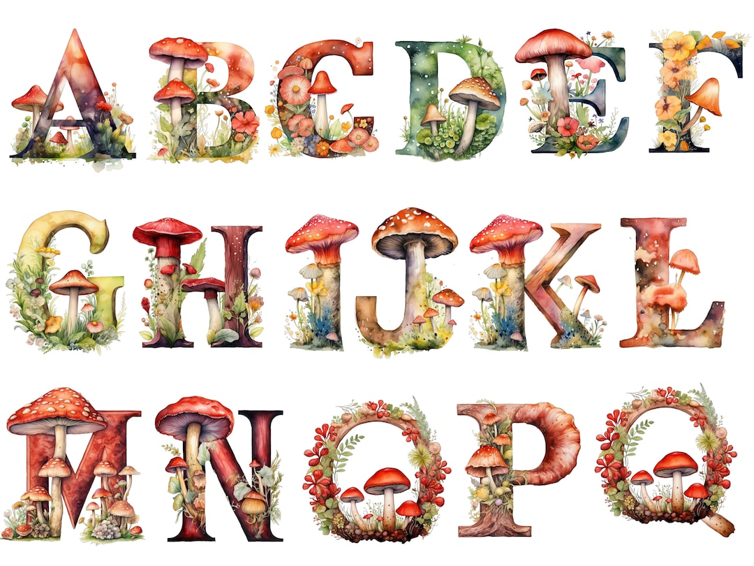 Watercolor Mushrooms Alphabet ,mushrooms Letters, Mushrooms, Download