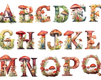 Watercolor mushrooms Alphabet ,mushrooms letters, mushrooms, download for commercial use, 12x12, instant download