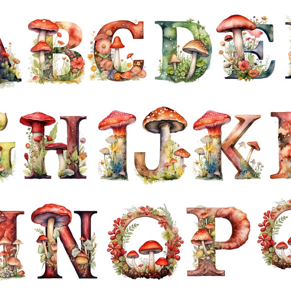 Watercolor mushrooms Alphabet ,mushrooms letters, mushrooms, download for commercial use, High resolution, 12x12, instant download