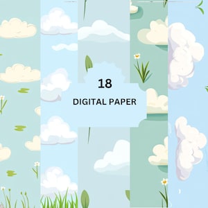 Pacchetto di carta digitale Nuvole ed erba – Sfondi di cielo azzurro con fiori, motivi di natura primaverile calma, 18 fogli delicati