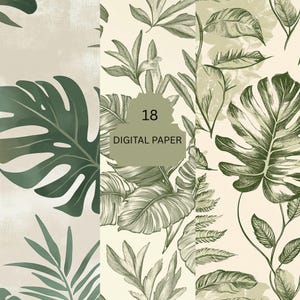Puede incluir: Una colección de 18 diseños de papel digital con ilustraciones botánicas. Los diseños muestran varias hojas y follaje verdes sobre un fondo crema. La imagen incluye una variedad de tipos de hojas, incluyendo monstera y helecho.