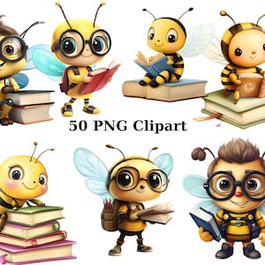 50 imágenes prediseñadas de abejas en edad preescolar, imágenes prediseñadas escolares, adorables abejas escolares, imágenes PNG individuales sobre fondo transparente