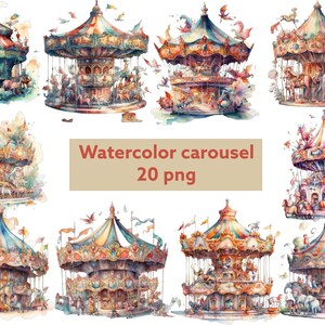Puede incluir: Ilustraciones en acuarela de carruseles con toldos coloridos, caballos y otros animales. La imagen incluye el texto "Watercolor carousel 20 png". Los carruseles son de estilo caprichoso.