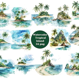 Aquarel Tropical Island Clipart, digitale PNG-bestanden op transparante achtergrond, sublimatie, commercieel gebruik