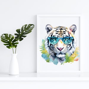 May include: A white tiger wearing blue sunglasses with a watercolor background. The tiger is looking directly at the viewer.