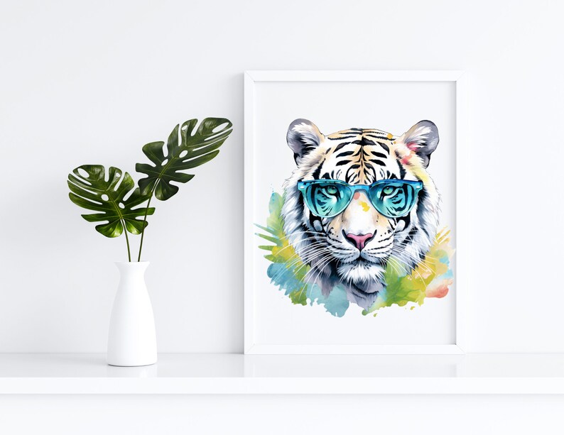 May include: A white tiger wearing blue sunglasses with a watercolor background. The tiger is looking directly at the viewer.