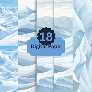 Snowy Mountain Digital Paper, 18 Frosty Winter Landscape Backgrounds, Ice and Glacier Aesthetic, Cool Blue Frozen Scrapbook Design