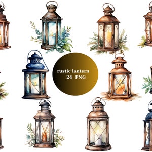 24 rustikale Laternen Aquarell Clipart, rustikale Clipart, PNG-Einzelbilder auf transparentem Hintergrund, Sublimation