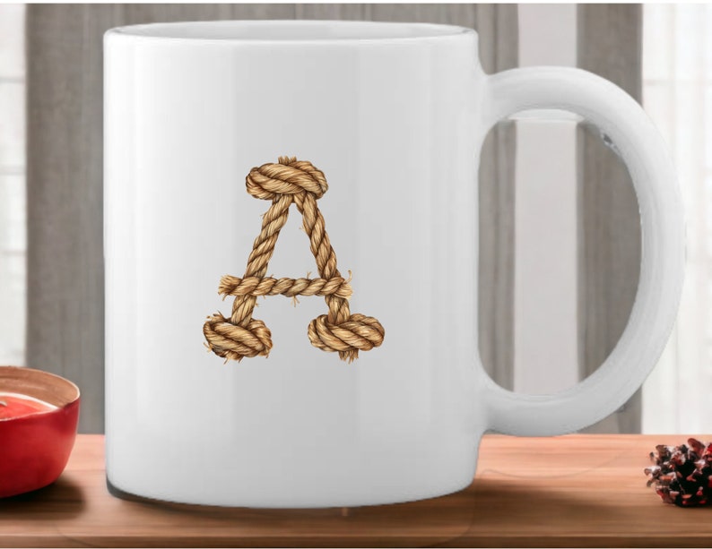 May include: White ceramic mug with a rope-style letter A design. The letter is made of brown rope and is centered on the mug.