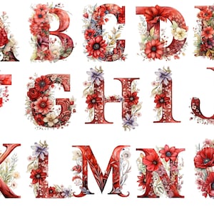 Clipart de alfabeto rojo floral acuarela, alfabeto floral, fondo transparente, alta calidad, imágenes prediseñadas, 12x12, uso comercial