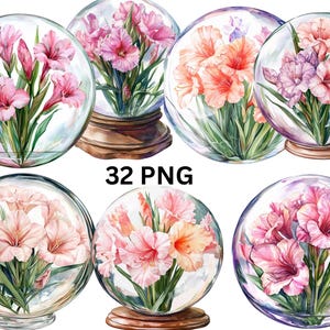32 Gladiolus in Crystal Ball Watercolor Clipart, Floral Clipart, PNG digital files on transparent background, sublimation, commercial use
