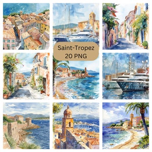 Clipart Saint-Tropez aquarelle, belles images individuelles PNG France sur fond transparent, sublimation, usage commercial