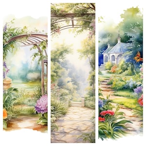 May include: A watercolor painting of a garden scene with a white gazebo, a stone path, and a wooden archway covered in vines. The painting features a variety of flowers and plants in shades of green, pink, and blue.