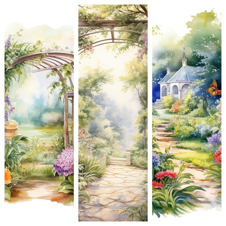 May include: A watercolor painting of a garden scene with a white gazebo, a stone path, and a wooden archway covered in vines. The painting features a variety of flowers and plants in shades of green, pink, and blue.