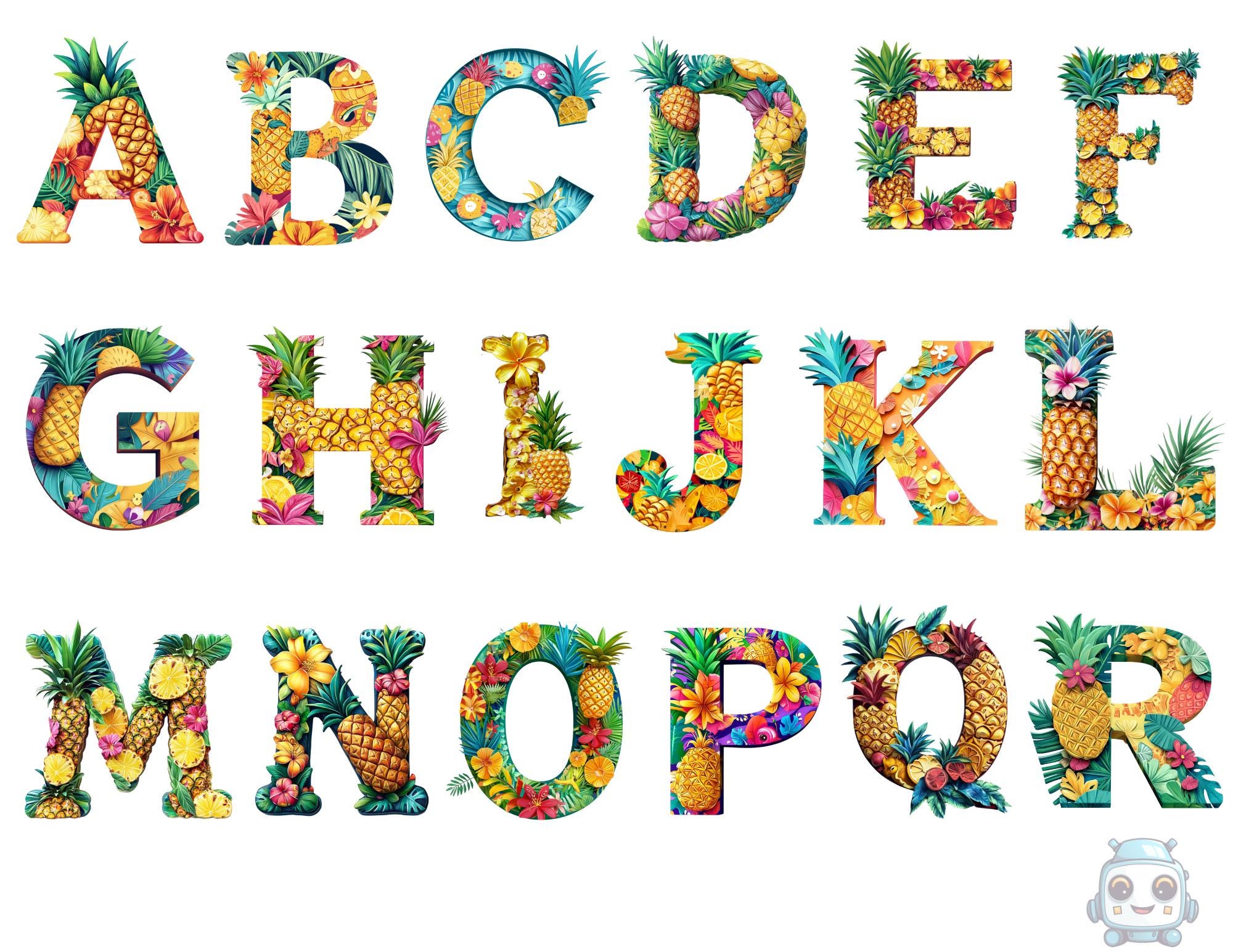Tropical Pineapple Alphabet Clipart Set - Hawaiian Floral Letters png, alphabet png, instant download for commercial use, High resolution