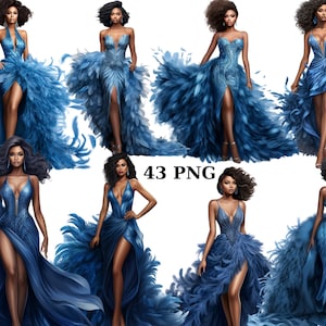 43 ファッション黒人女性の青い羽のドレスのクリップアート、有色人種の女性、透明な背景の PNG 個別画像、昇華