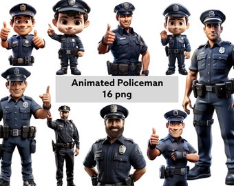 Policeman Animated Clipart, PNG digital files on a transparent background, scrapbook, invitations, commercial use, instant download