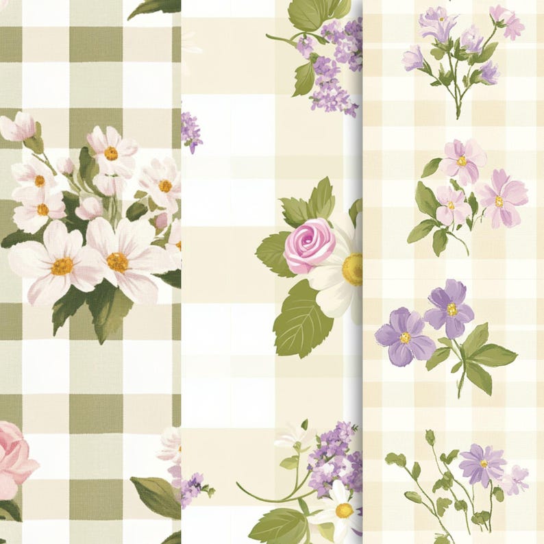 Cottagecore Gingham Floral Digital Paper Pack - Vintage Pastel Flowers ...