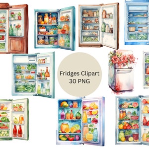 Clipart réfrigérateurs aquarelle, fichiers numériques PNG sur fond transparent, sublimation, usage commercial