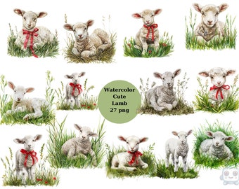 Clipart di agnello dell'acquerello, file digitali PNG su sfondo trasparente, album di ritagli, sublimazione, uso commerciale