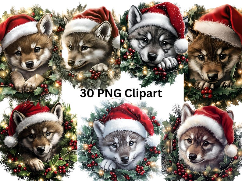 Three Santa Wolves 30 Santa Wolves in Christmas Wreaths Watercolor Clipart, Christmas ...