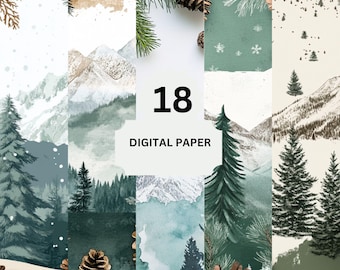 Winter Forest Digital Paper – Pine Tree Snowy Mountain Backgrounds for Christmas Crafts & Rustic Scrapbooking