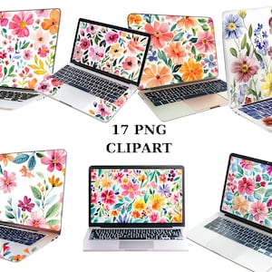 Ordinateur portable floral aquarelle, 17 images PNG, images individuelles PNG sur fond transparent, sublimation