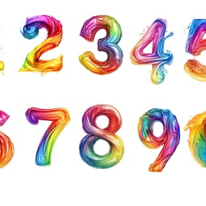 Clipart di numeri arcobaleno vorticosi vibranti - Download immediato di numeri artistici colorati PNG per uso commerciale, alta risoluzione, uso commerciale